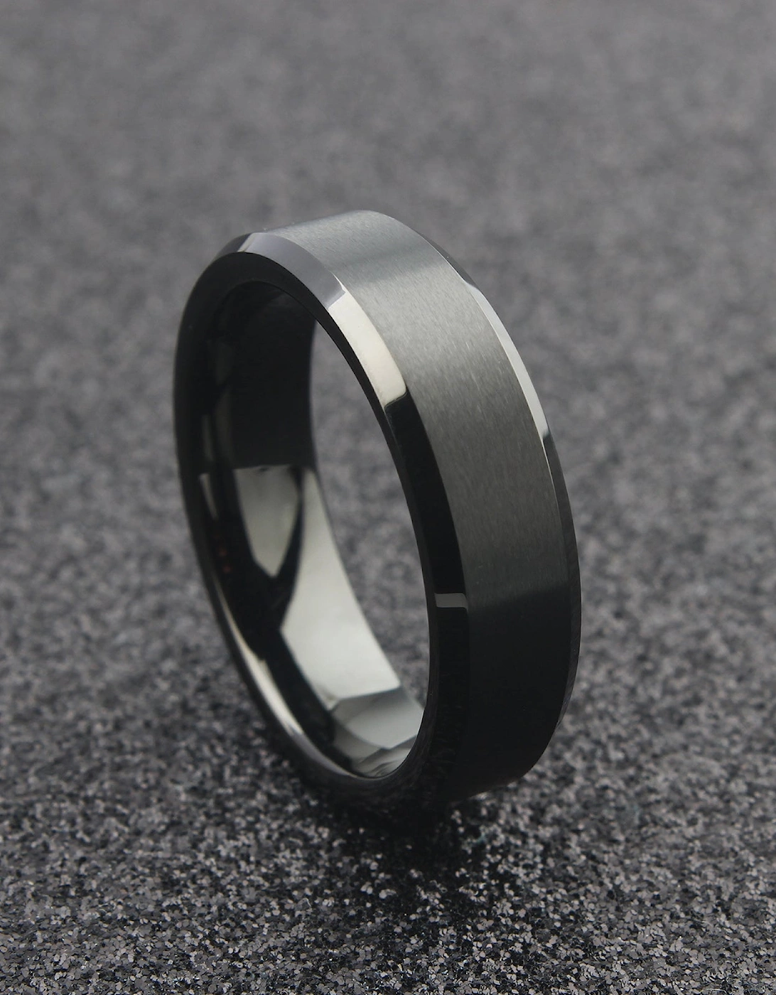 The Perseus - 6mm Brushed Black Tungsten Bevelled Edge Ring