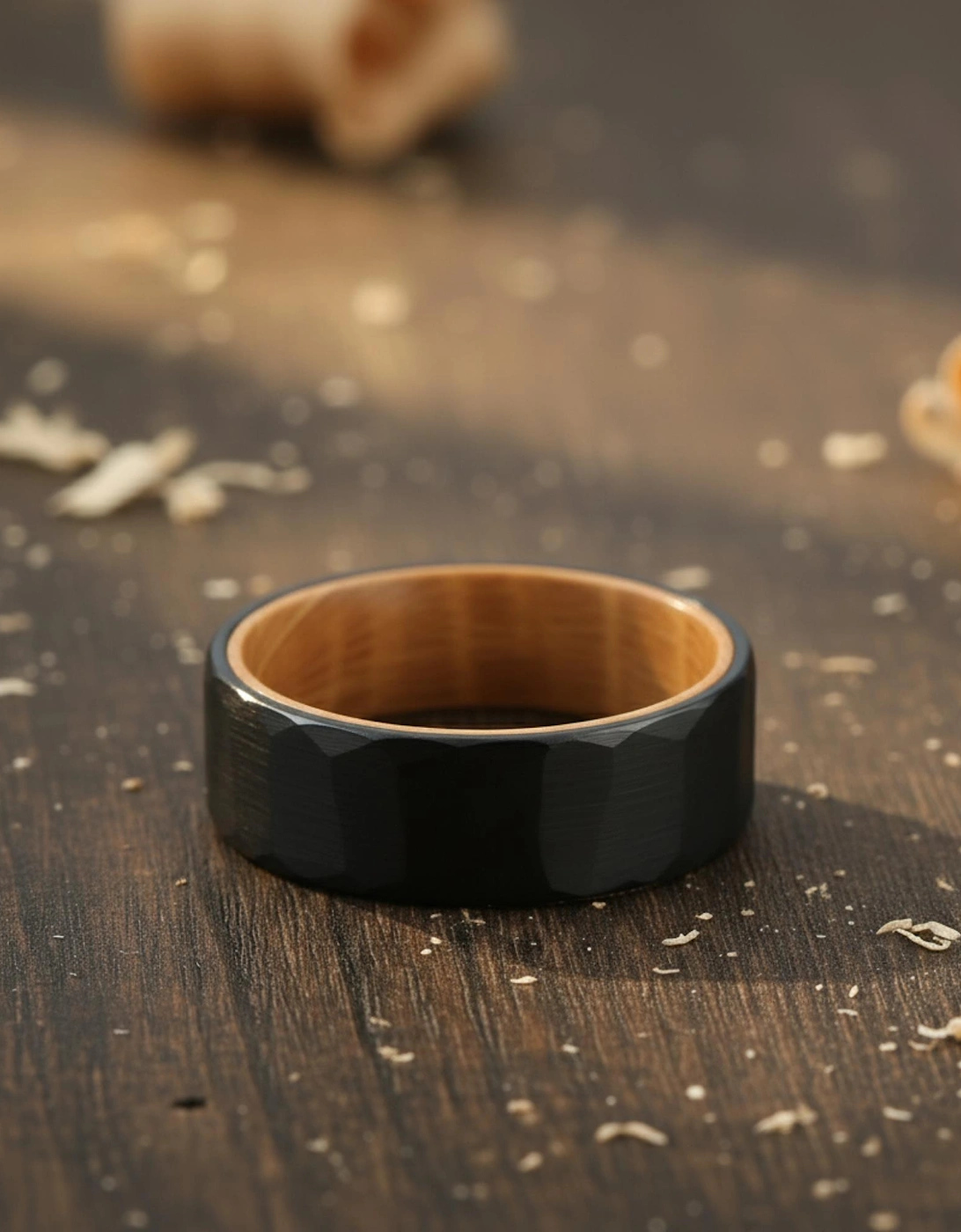 The Vega - 8mm Black Brushed Hammered Tungsten & Whisky Barrel Wood Ring