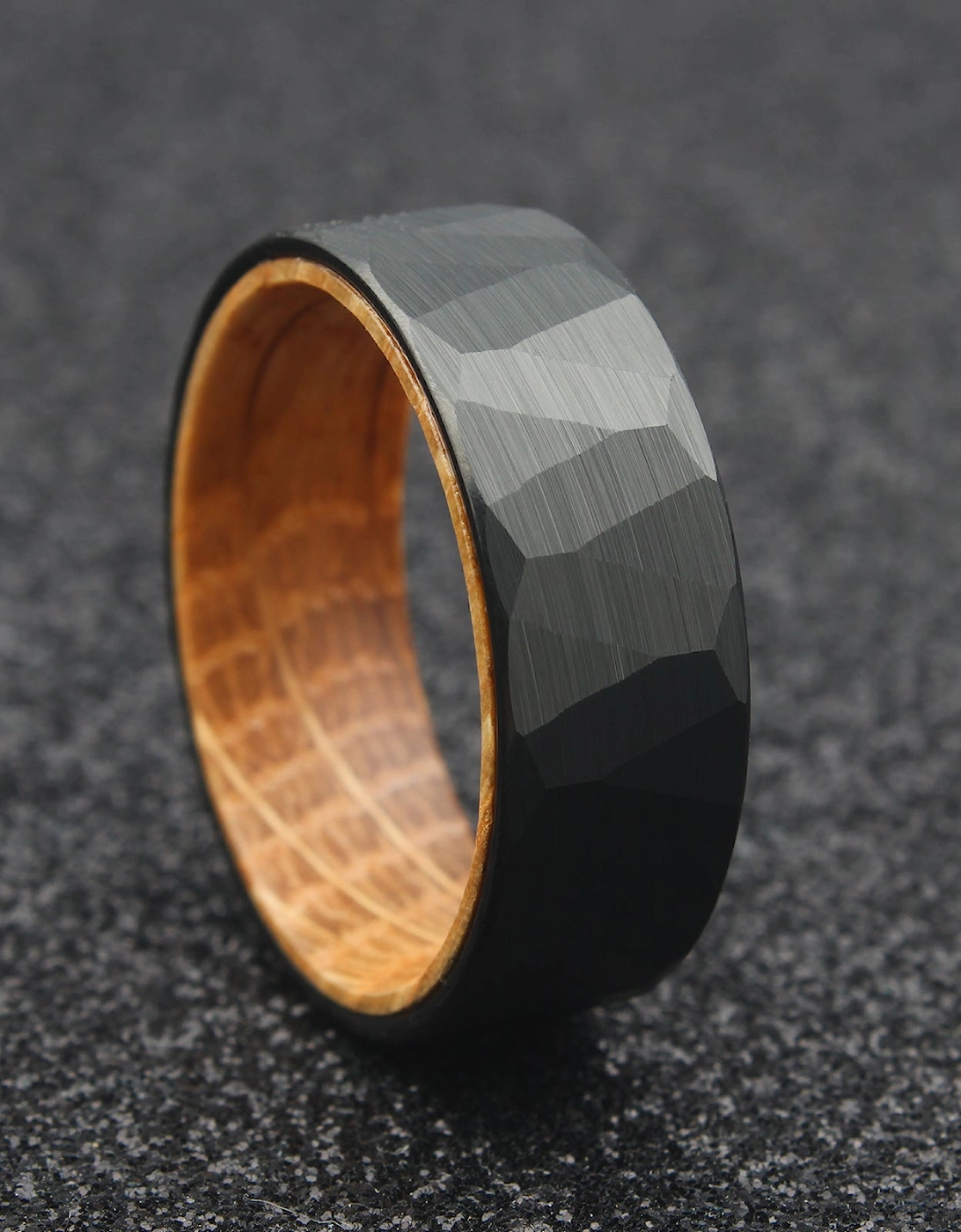 The Vega - 8mm Black Brushed Hammered Tungsten & Whisky Barrel Wood Ring