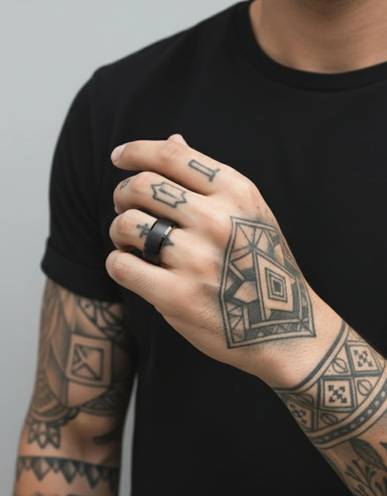 The Orion - 8mm Brushed Black Tungsten Bevelled Edge & Whisky Barrel Wood Ring