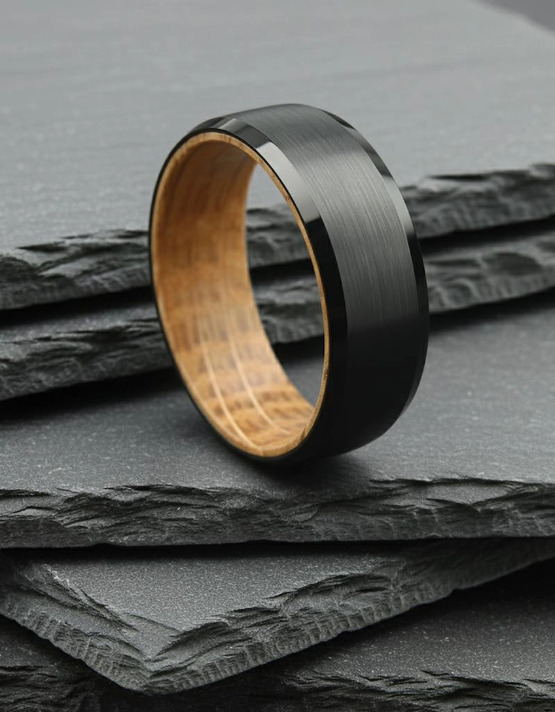 The Orion - 8mm Brushed Black Tungsten Bevelled Edge & Whisky Barrel Wood Ring, 6 of 5