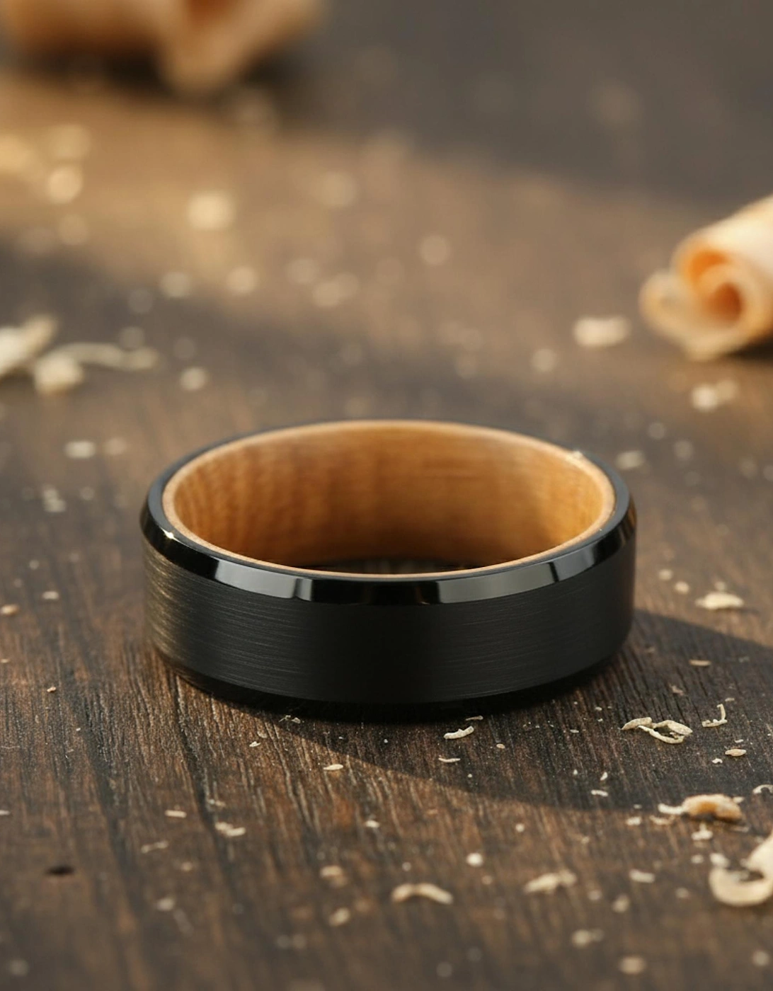 The Orion - 8mm Brushed Black Tungsten Bevelled Edge & Whisky Barrel Wood Ring