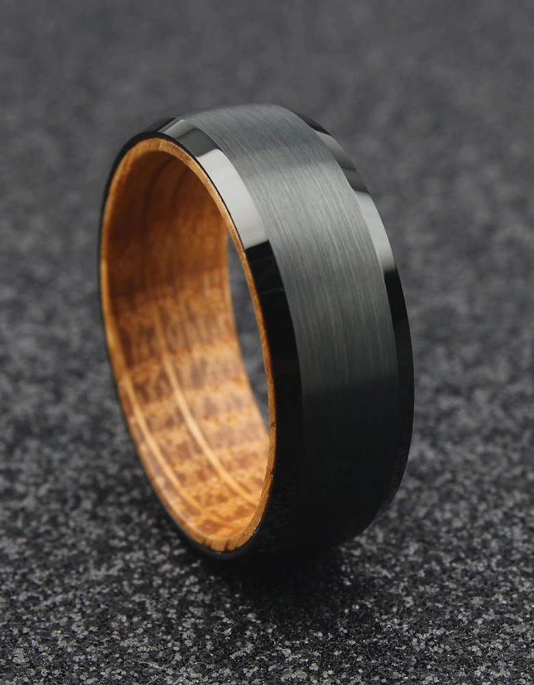 The Orion - 8mm Brushed Black Tungsten Bevelled Edge & Whisky Barrel Wood Ring