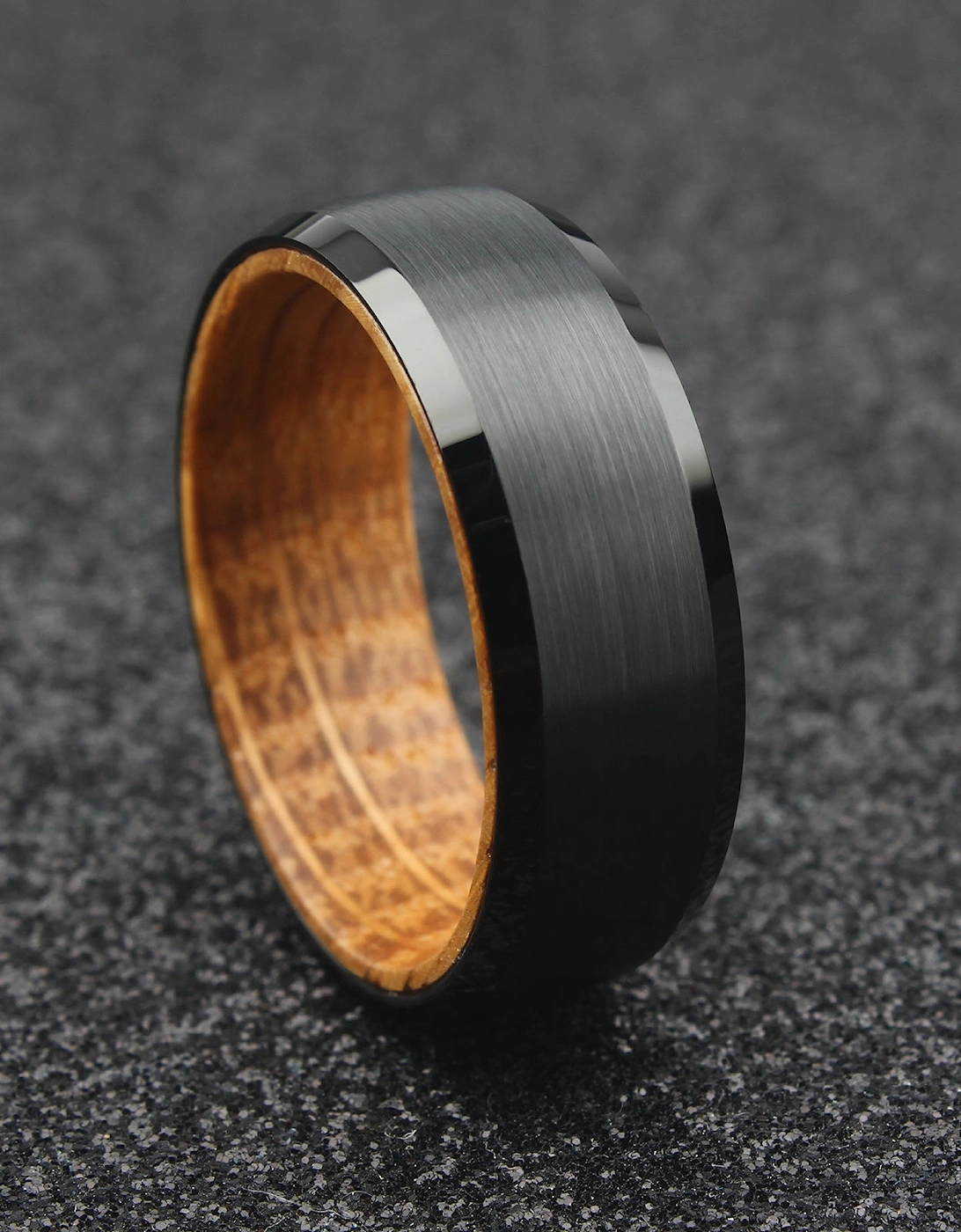 The Orion - 8mm Brushed Black Tungsten Bevelled Edge & Whisky Barrel Wood Ring