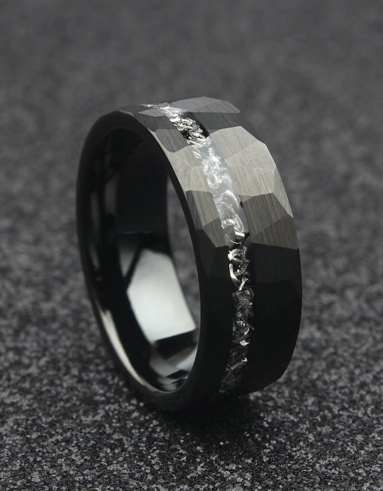 The Altair - 8mm Black Brushed Tungsten & Meteorite Inlay Ring