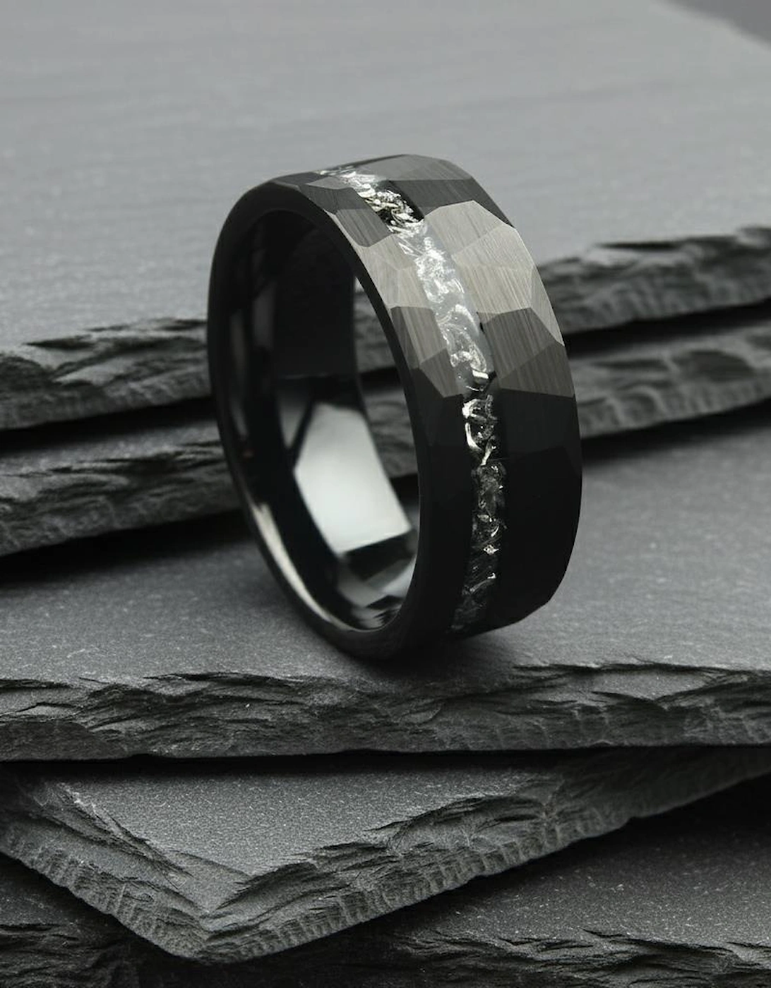 The Altair - 8mm Black Brushed Tungsten & Meteorite Inlay Ring, 4 of 3