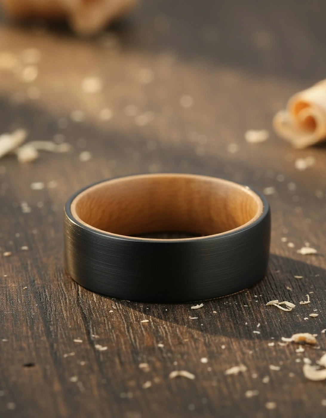 The Phoenix - 8mm Brushed Black Tungsten & Whisky Barrel Wood Ring