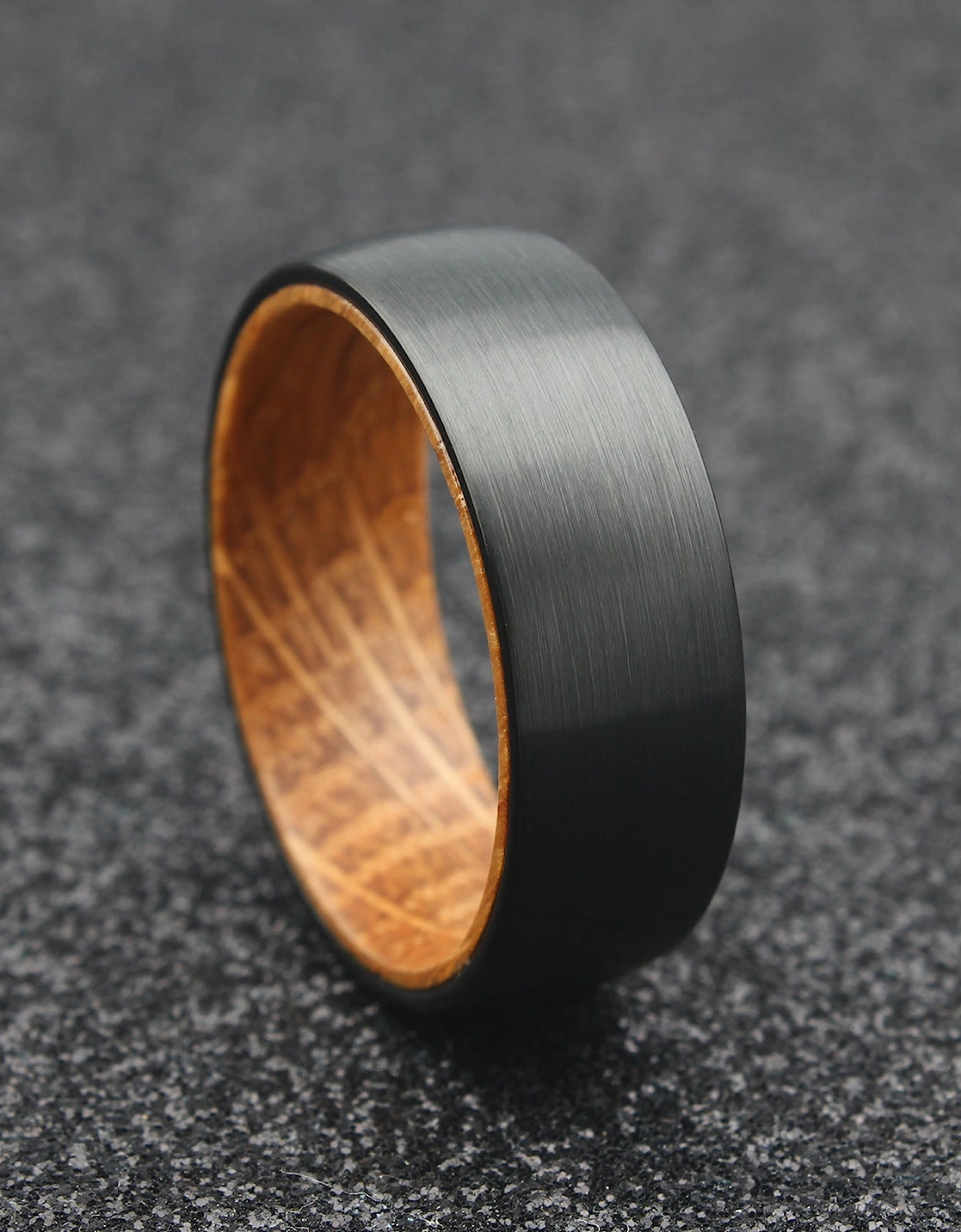 The Phoenix - 8mm Brushed Black Tungsten & Whisky Barrel Wood Ring