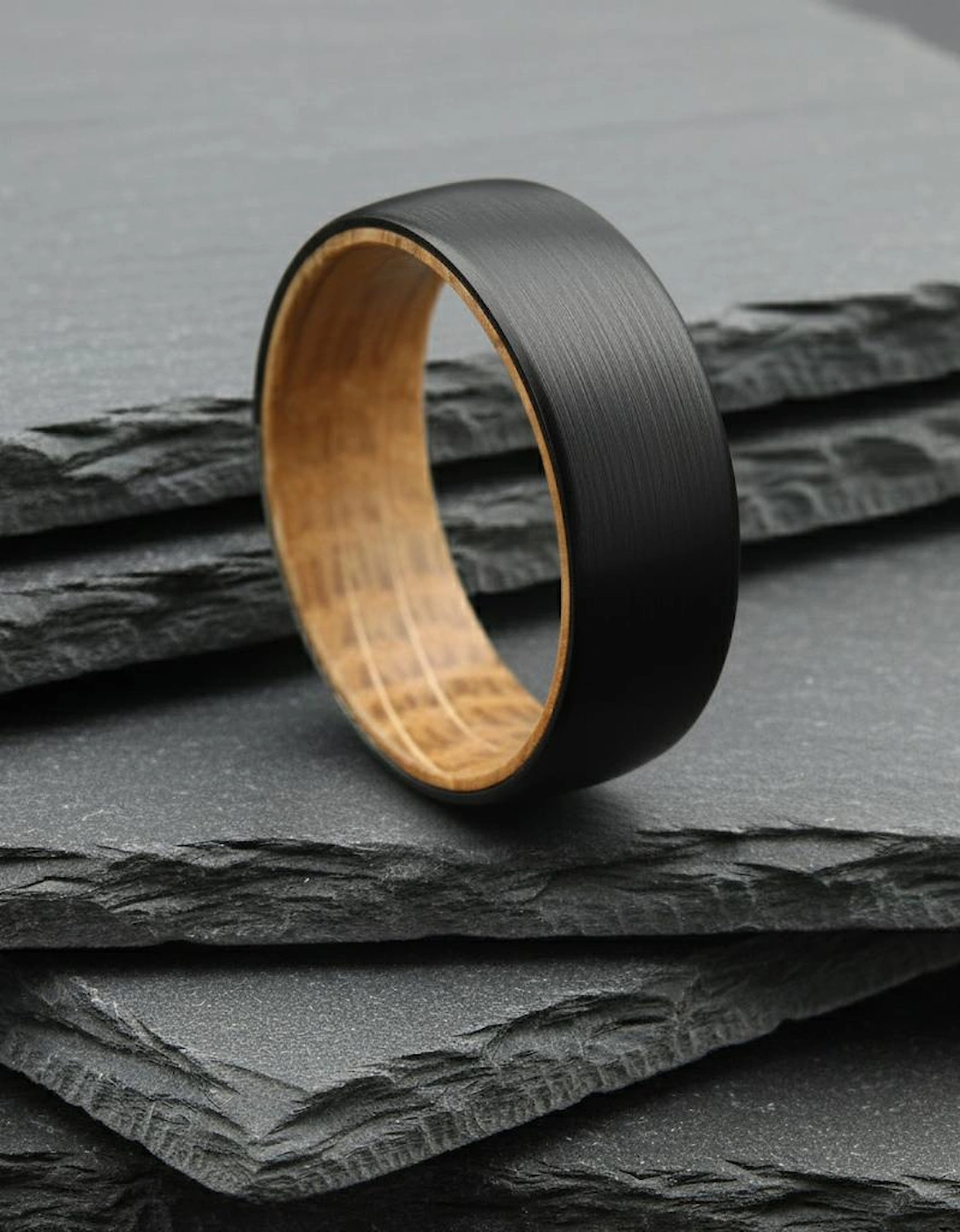 The Phoenix - 8mm Brushed Black Tungsten & Whisky Barrel Wood Ring, 6 of 5