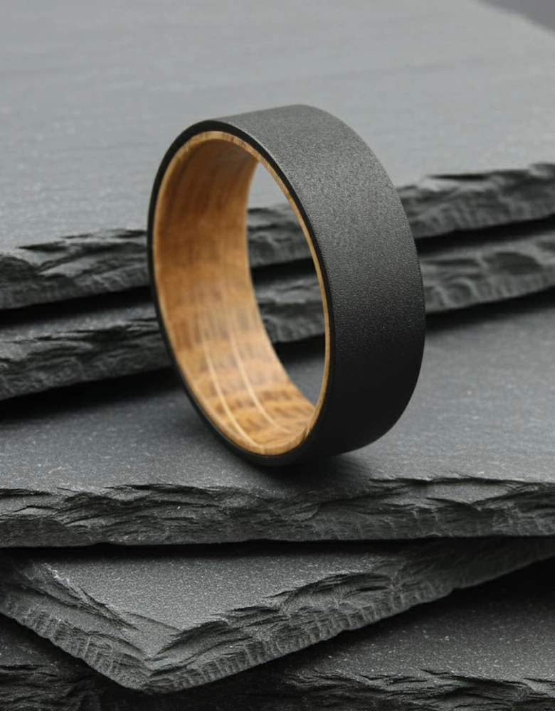 The Pegasus - 8mm Textured Black Tungsten & Whisky Barrel Wood Ring