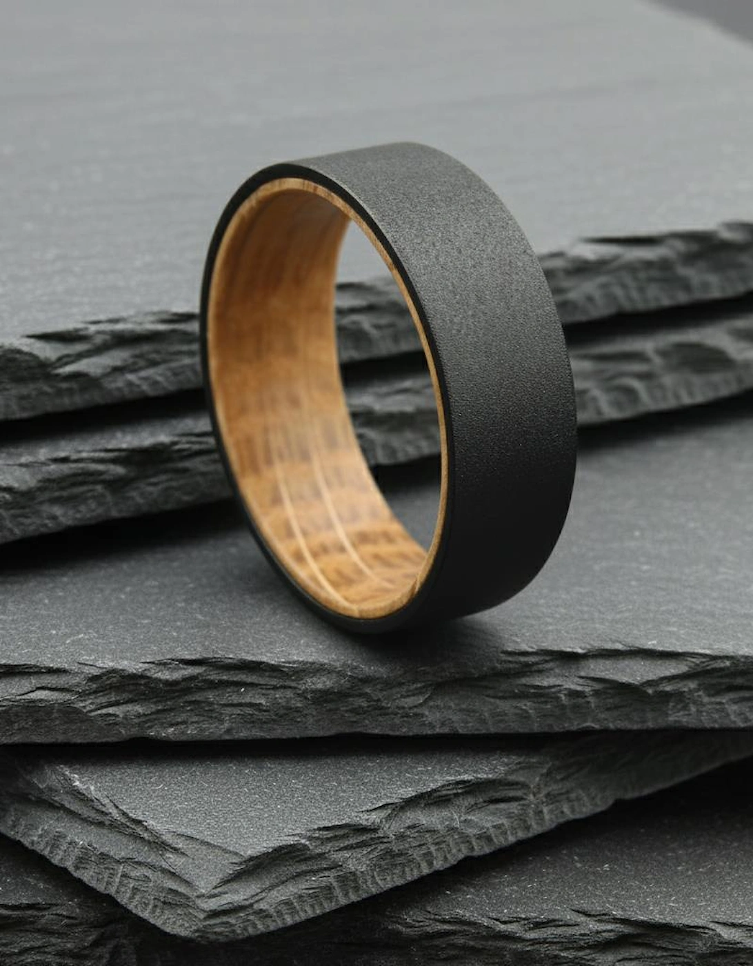 The Pegasus - 8mm Textured Black Tungsten & Whisky Barrel Wood Ring, 6 of 5