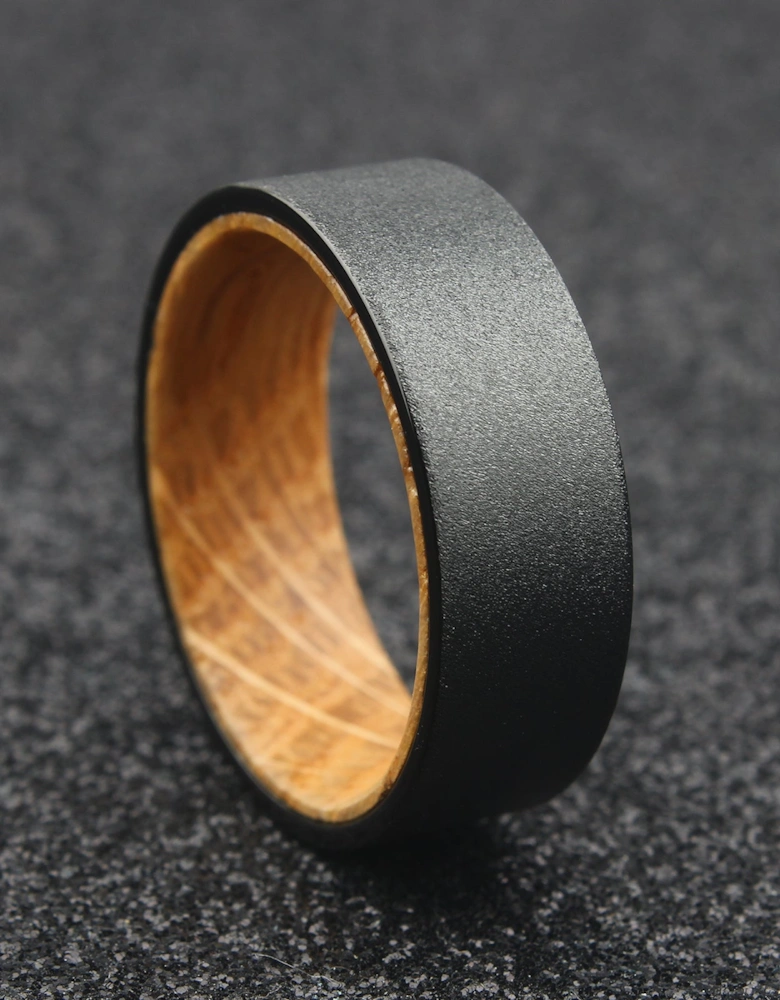 The Pegasus - 8mm Textured Black Tungsten & Whisky Barrel Wood Ring