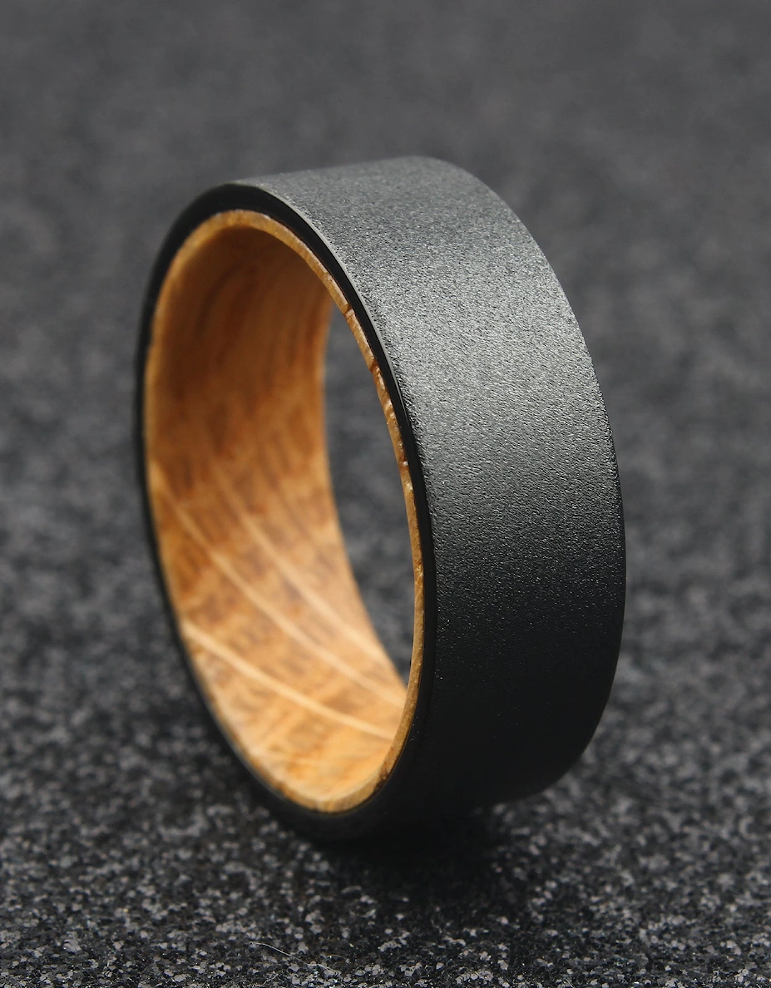 The Pegasus - 8mm Textured Black Tungsten & Whisky Barrel Wood Ring