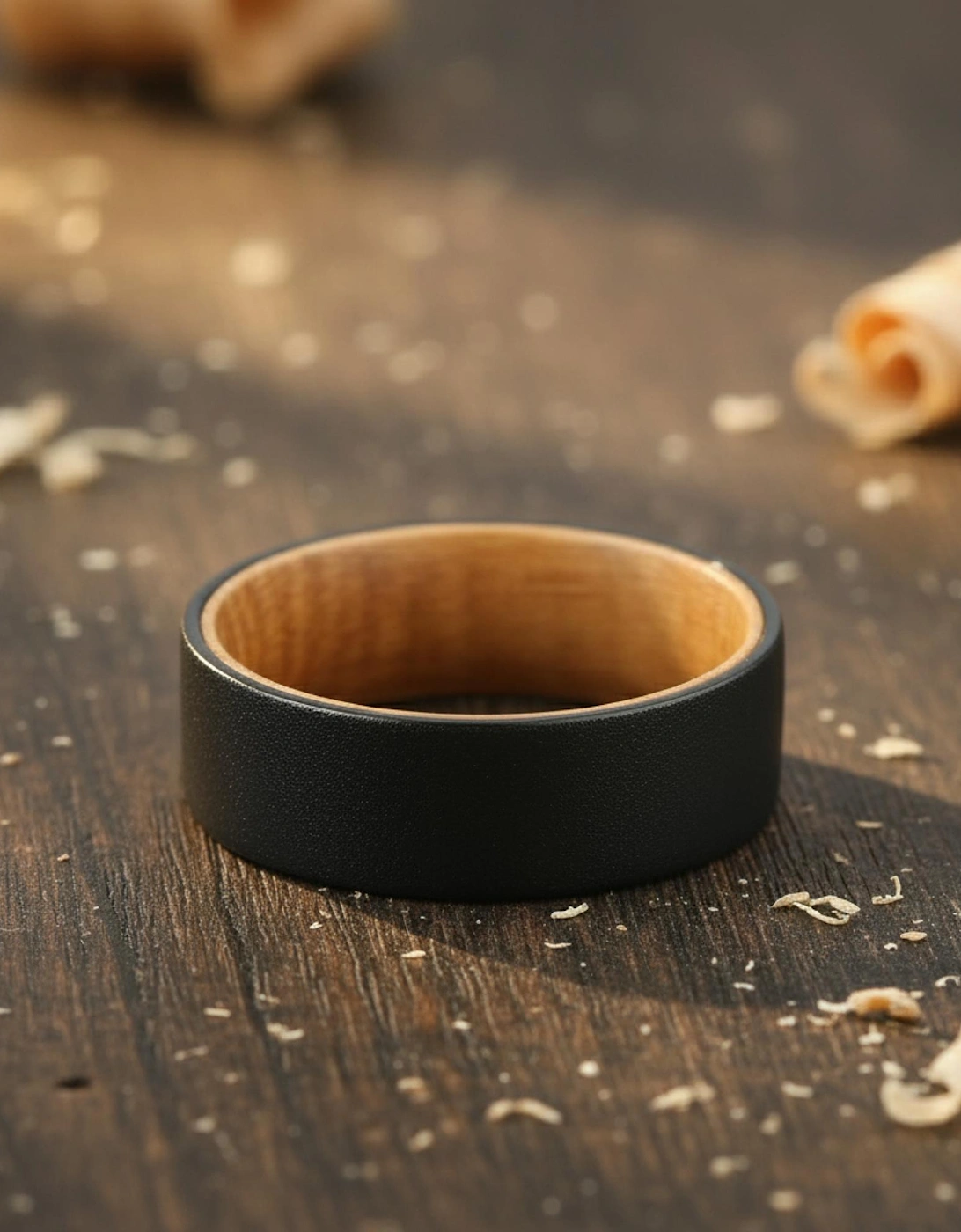 The Pegasus - 8mm Textured Black Tungsten & Whisky Barrel Wood Ring