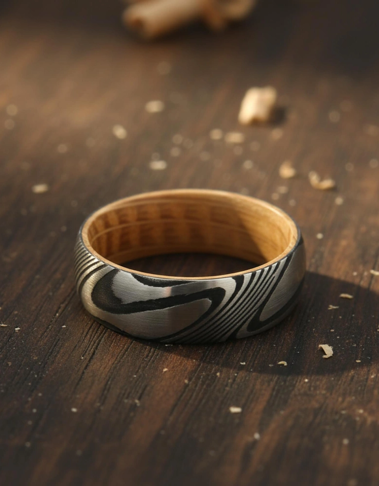 The Centaurus - 8mm Damascus Steel & Whisky Barrel Wood Ring