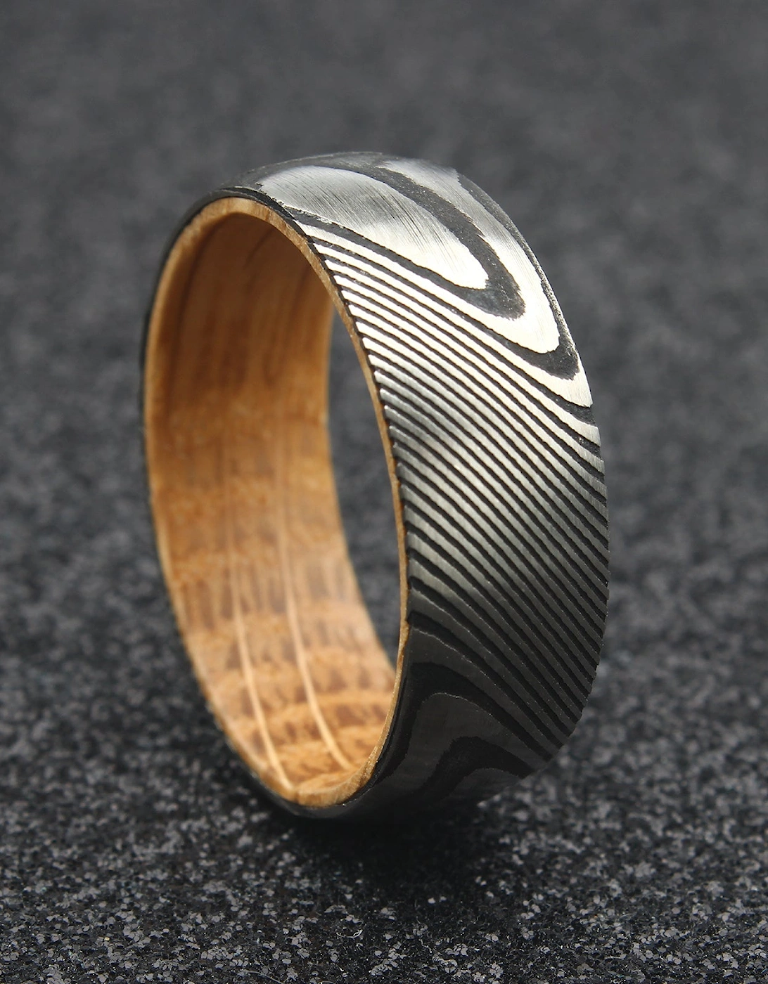 The Centaurus - 8mm Damascus Steel & Whisky Barrel Wood Ring