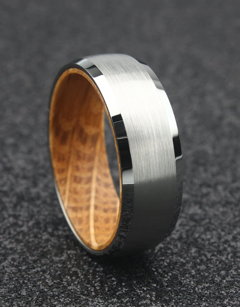 The Draco - 8mm Brushed Tungsten Bevelled Edge & Whisky Barrel Wood Ring