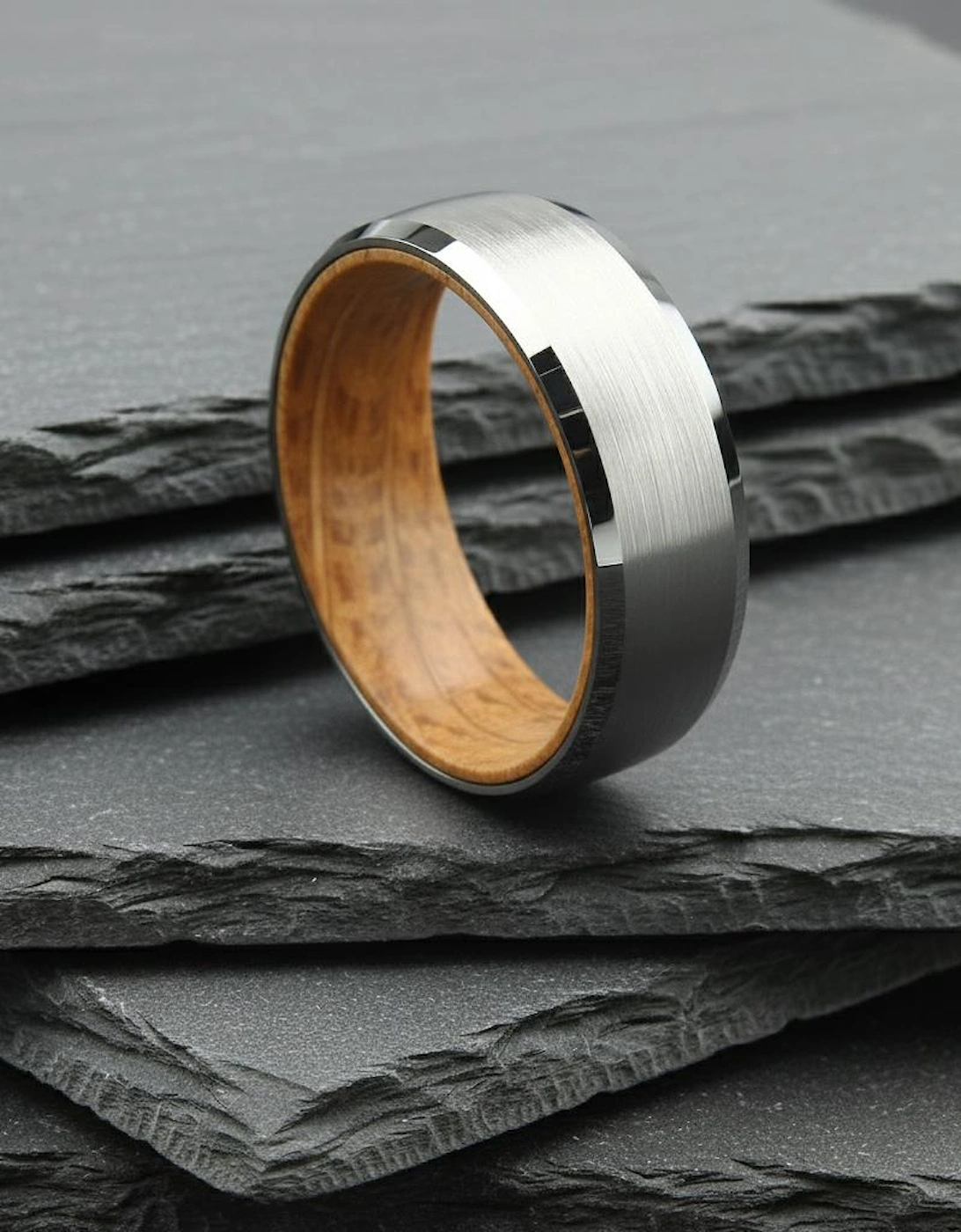 The Draco - 8mm Brushed Tungsten Bevelled Edge & Whisky Barrel Wood Ring, 5 of 4