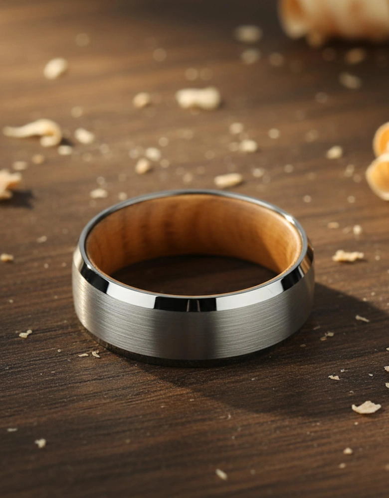 The Draco - 8mm Brushed Tungsten Bevelled Edge & Whisky Barrel Wood Ring