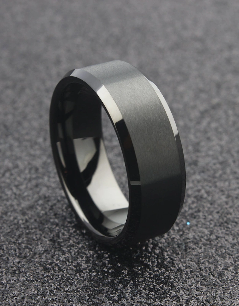The Capella - 8mm Brushed Black Tungsten Bevelled Edge Ring