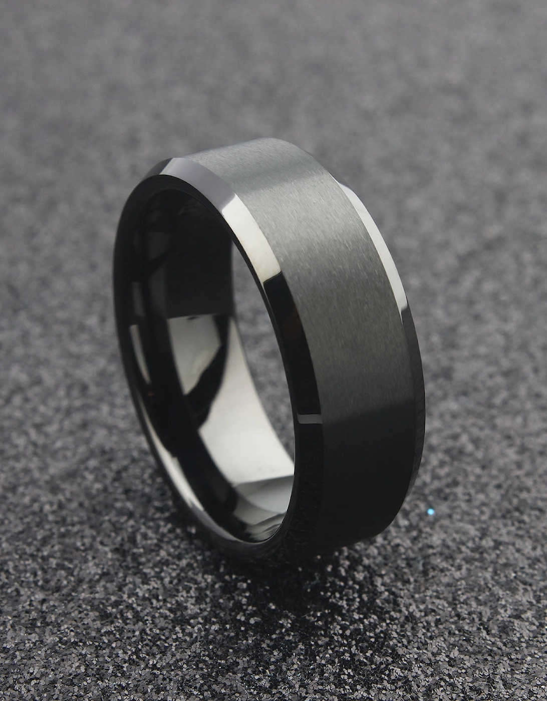 The Capella - 8mm Brushed Black Tungsten Bevelled Edge Ring