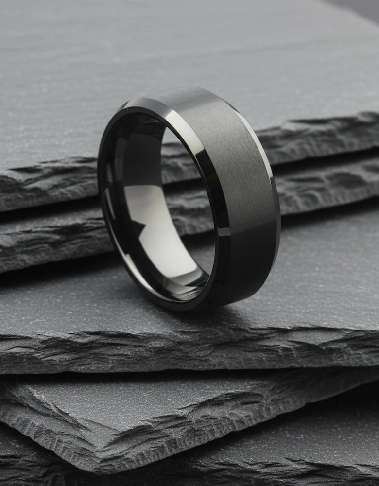 The Capella - 8mm Brushed Black Tungsten Bevelled Edge Ring