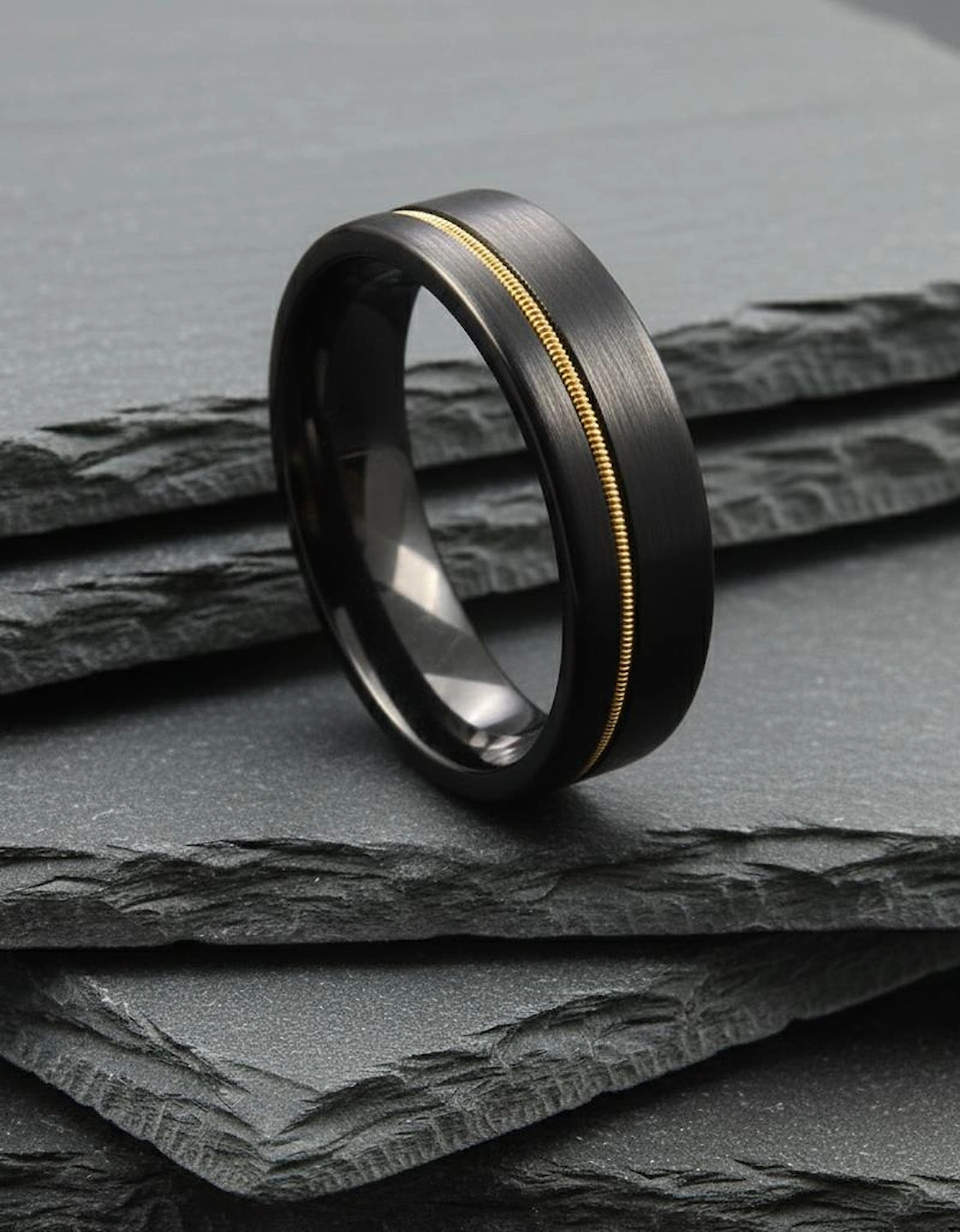 The Rigel - 6mm Black Brushed Tungsten & Guitar String Inlay Ring, 4 of 3