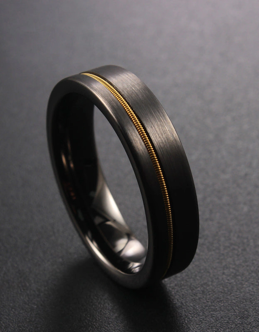 The Rigel - 6mm Black Brushed Tungsten & Guitar String Inlay Ring