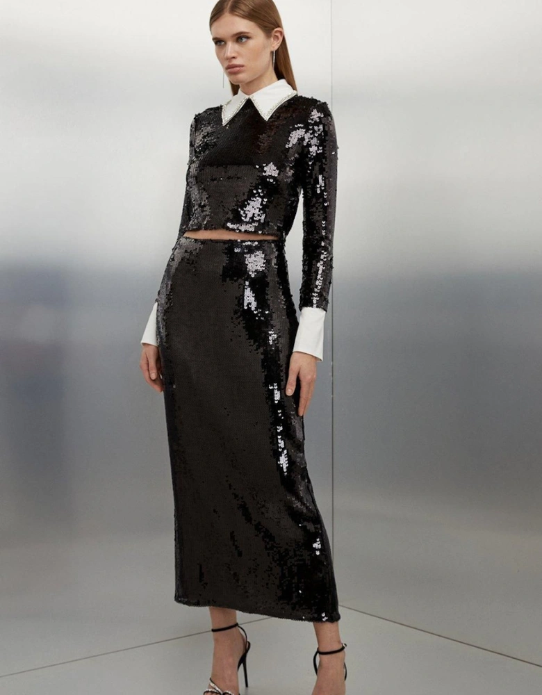 Sequin Front Split Woven Midi Skirt