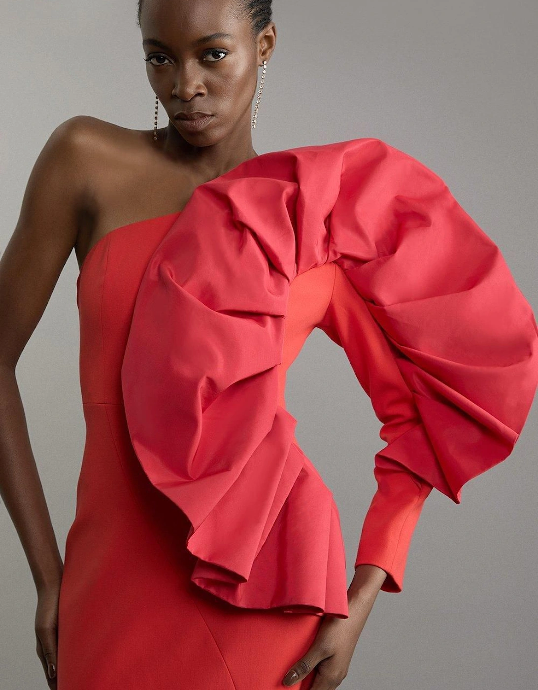 Compact Stretch Taffeta Ruffle Sleeved Midi Dress, 2 of 1