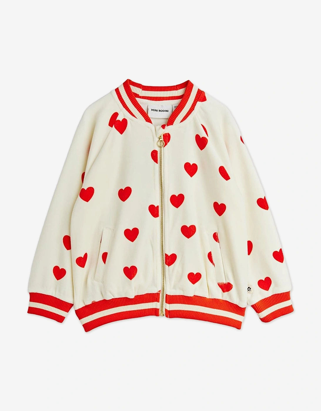 Mini Rodini Girls Cream Hearts Aop Baseball Cardigan In Ivory  3 Years/4 Years/5 Years 104-110 Cm Size 3-5 Yrs Kids