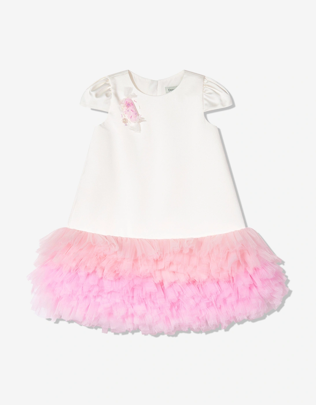 Girls Tulle Trim Occasion Dress in Ivory