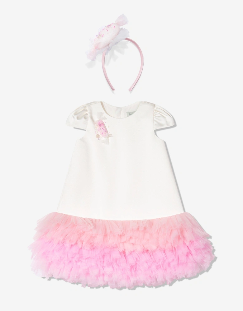 Girls Tulle Trim Occasion Dress in Ivory