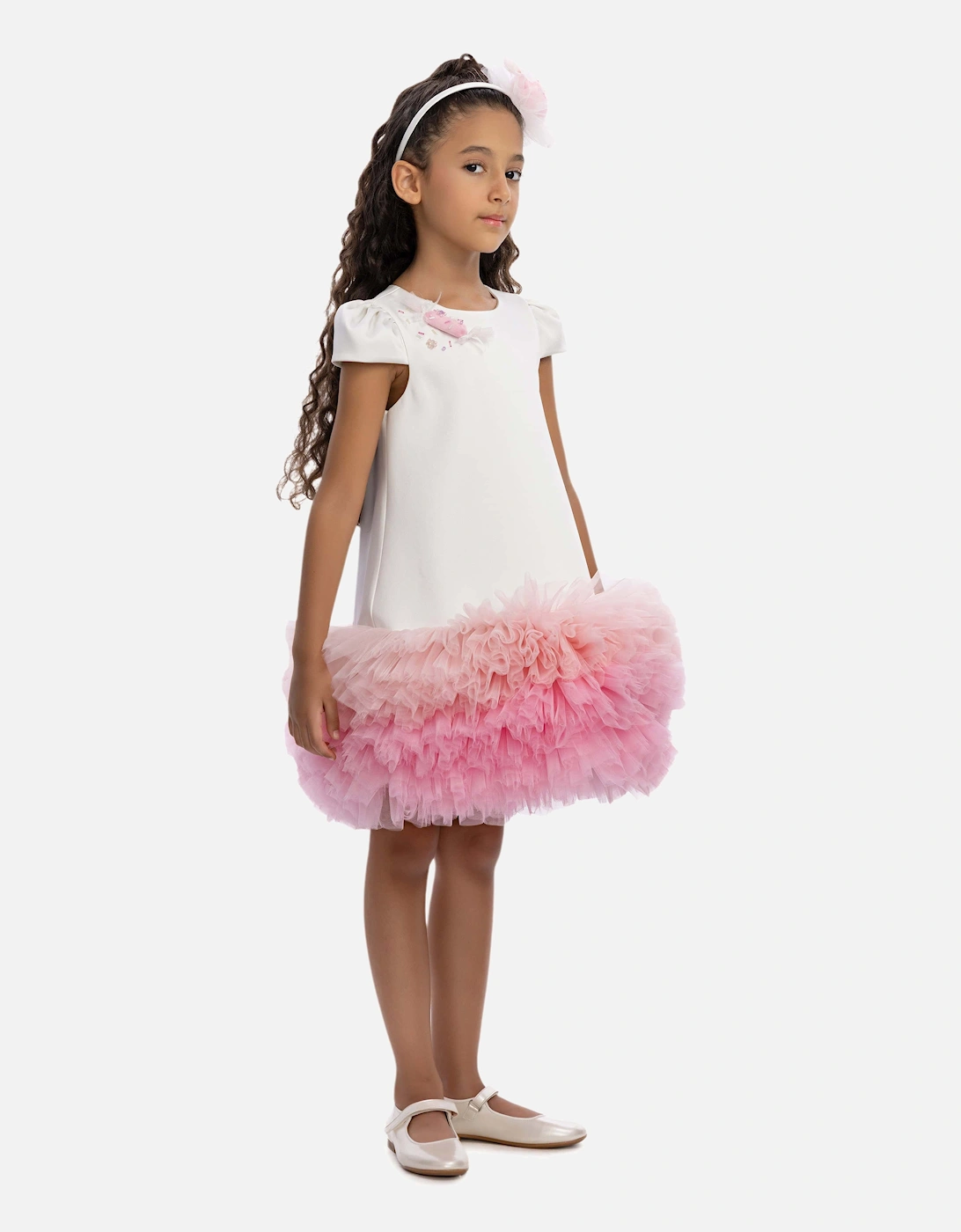 Girls Tulle Trim Occasion Dress in Ivory