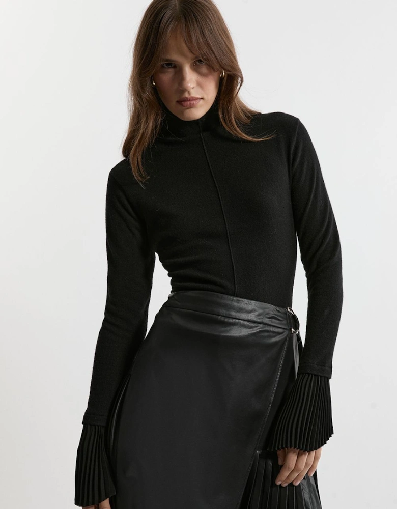 Wool and Alpaca Blend Knit Top With Pleated Silk Woven Cuffs