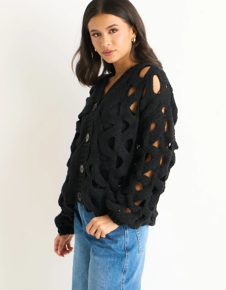Black Hollow Chunky Knit Cardigan