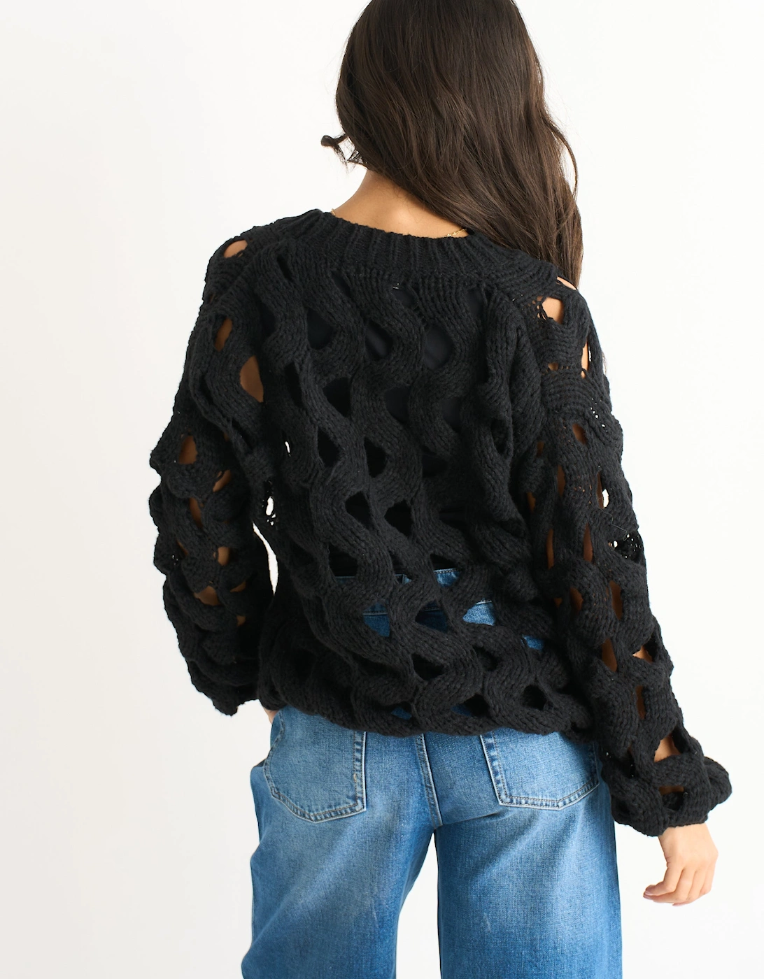 Black Hollow Chunky Knit Cardigan
