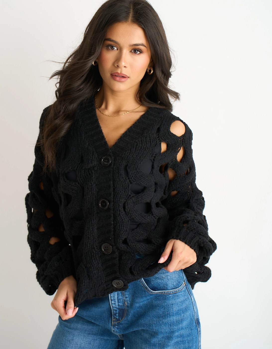 Gini London Women's Black Hollow Chunky Knit Cardigan - Size: 8/10