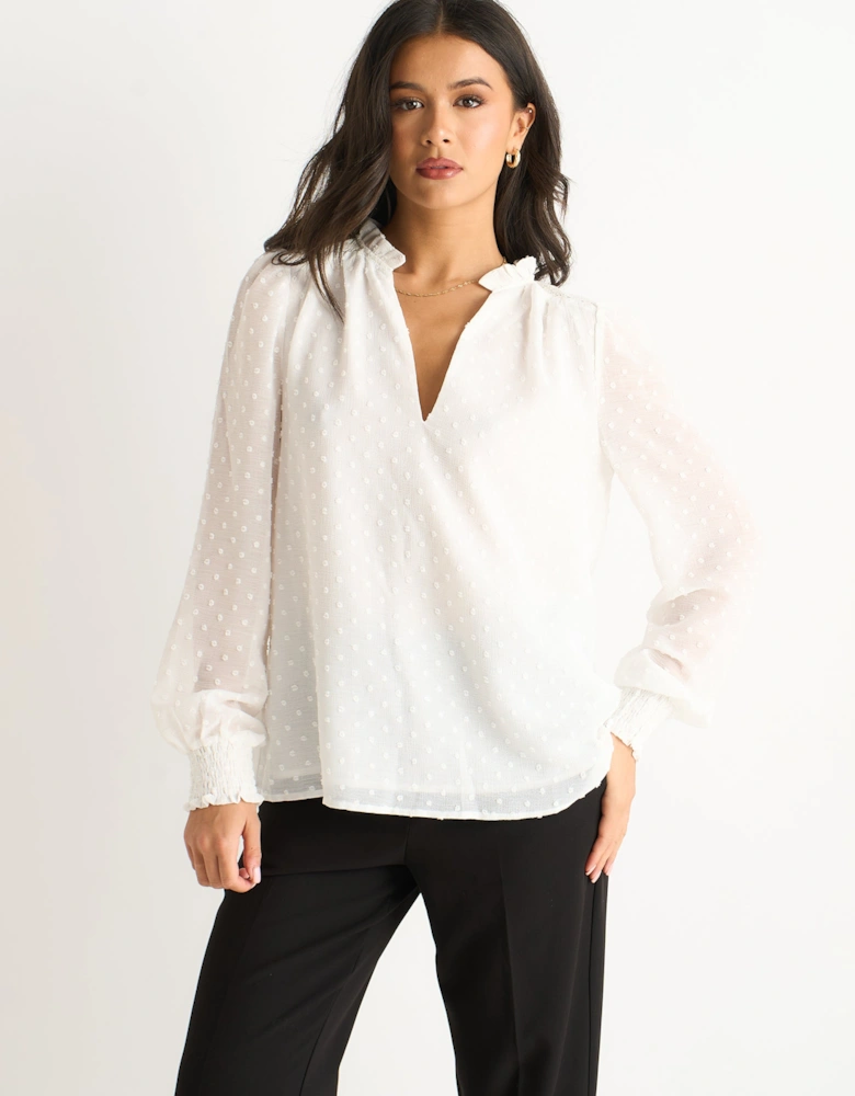 White Dobby Chiffon Frill Neck Blouse