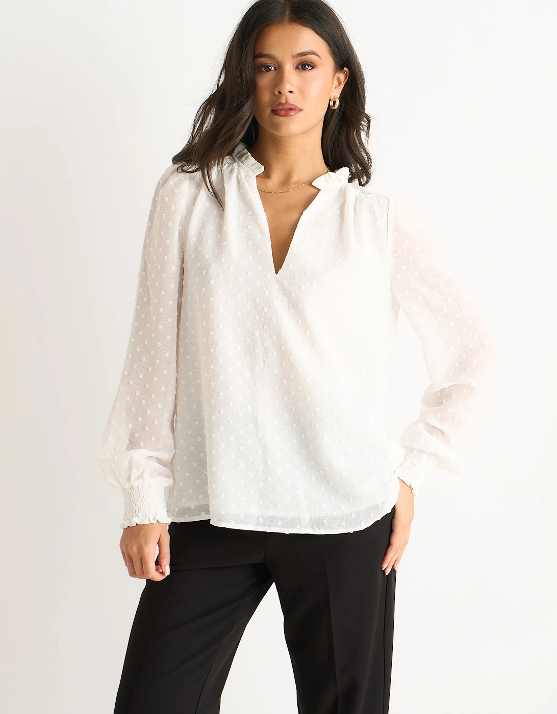 White Dobby Chiffon Frill Neck Blouse