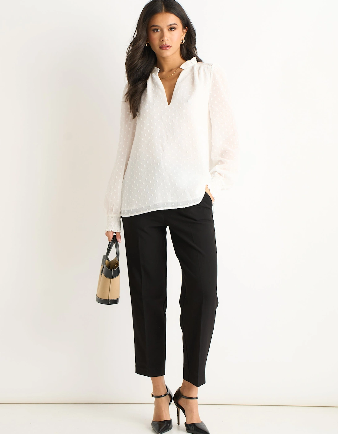 White Dobby Chiffon Frill Neck Blouse, 5 of 4