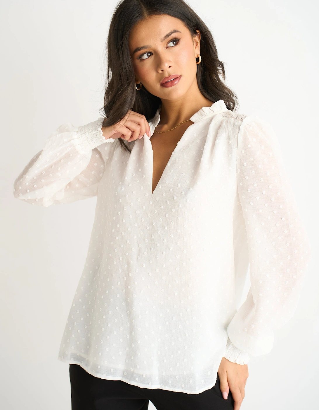 White Dobby Chiffon Frill Neck Blouse