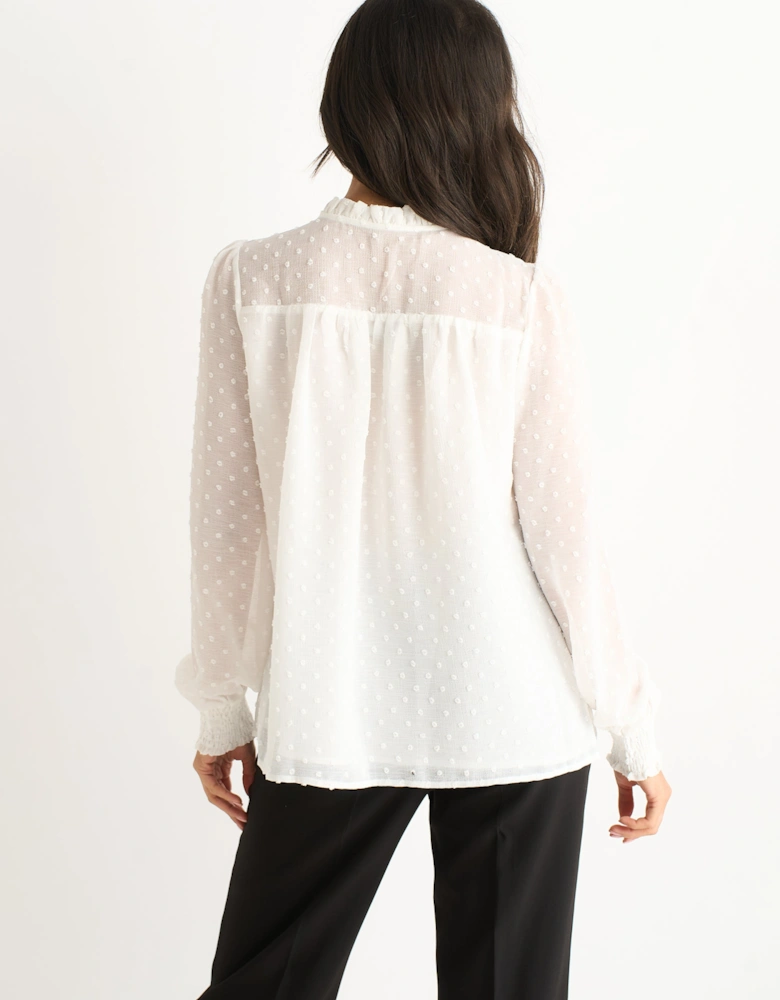 White Dobby Chiffon Frill Neck Blouse