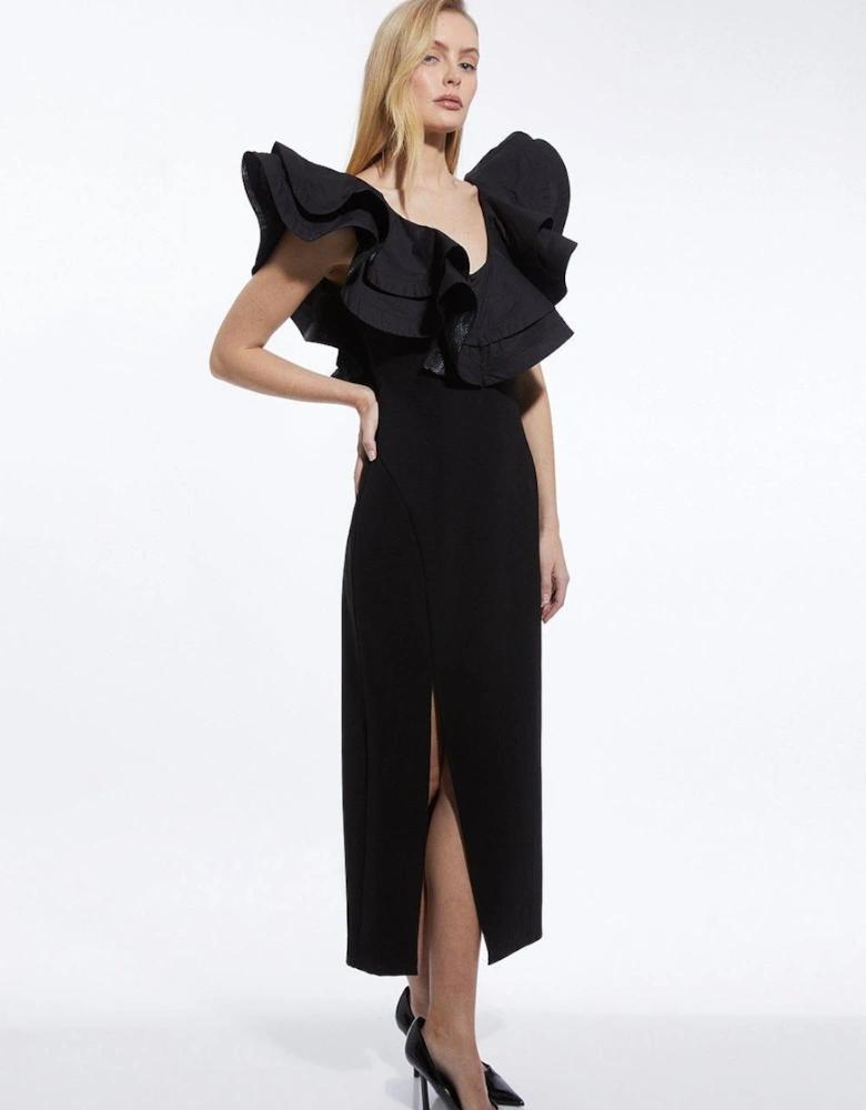 Petite Ruffle Ponte And Cotton Jersey Side Split Maxi Dress