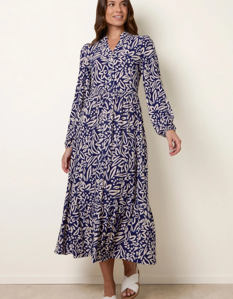 Navy Button Front Collared Midi Dress