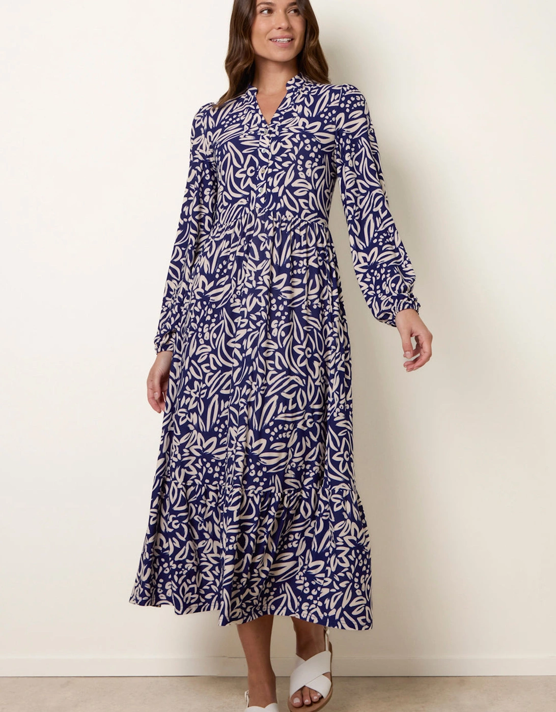 Navy Button Front Collared Midi Dress, 2 of 1