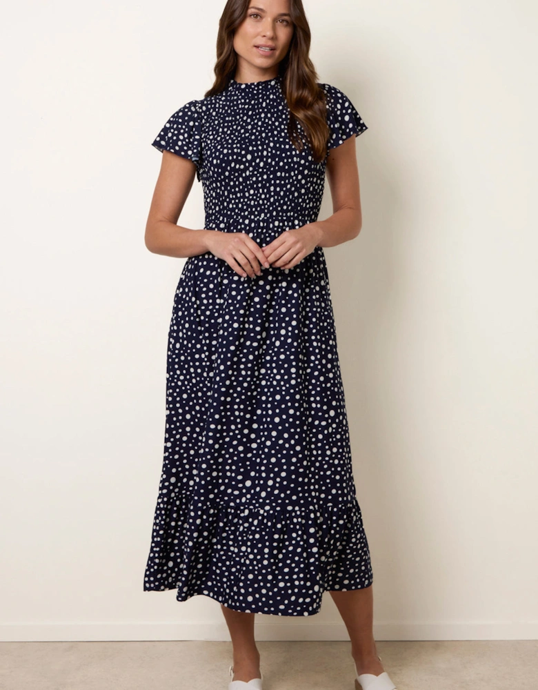 Navy Polka Dot Shirred Frill Neck Midi Dress