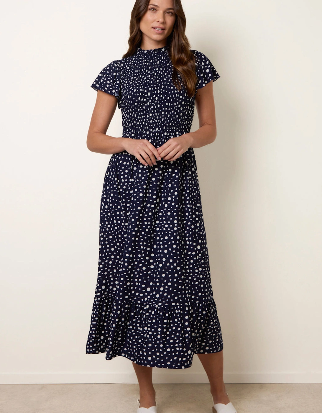 Navy Polka Dot Shirred Frill Neck Midi Dress, 2 of 1