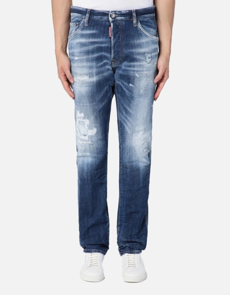 Distressed Slim-Cut Navy Blue Jeans