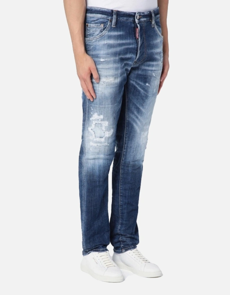 Distressed Slim-Cut Navy Blue Jeans